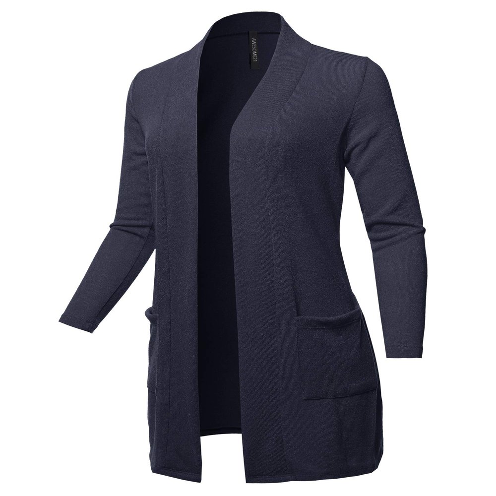 Casual Solid and Print Long Length Knit Cardigan Heather Navy S