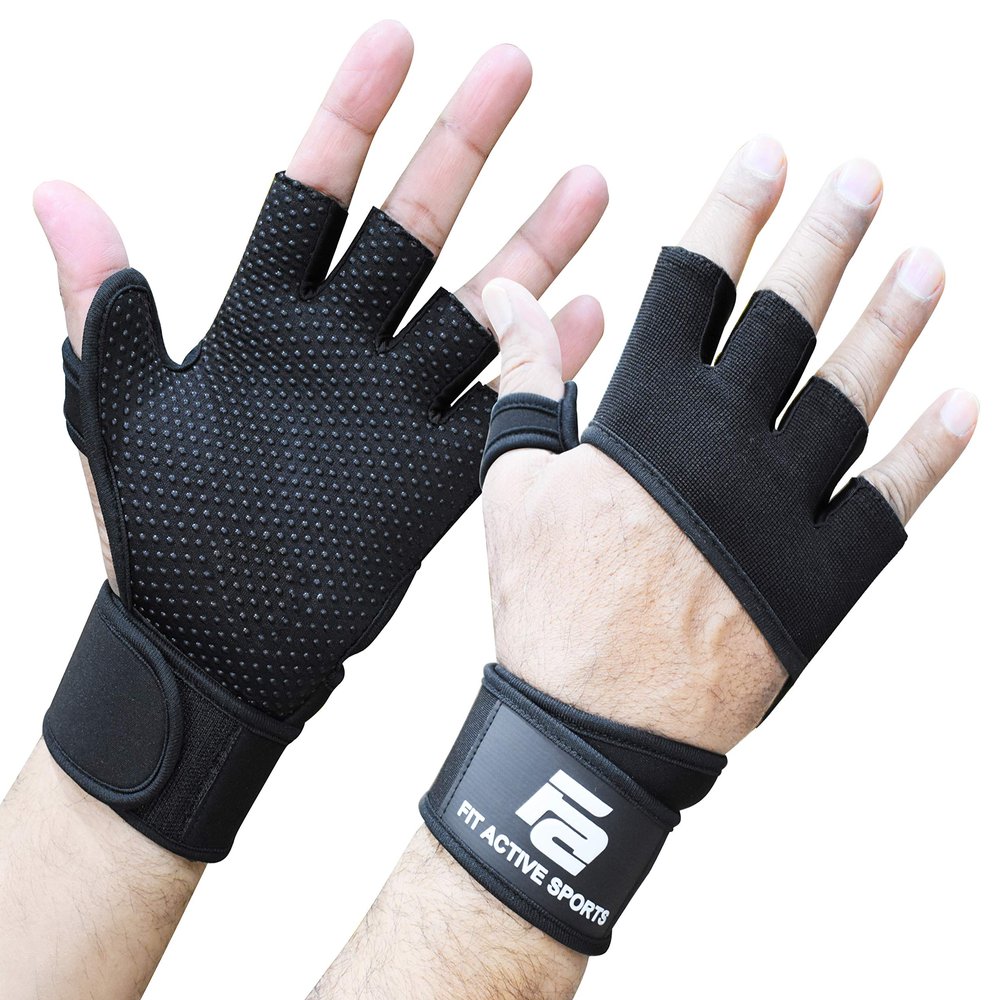 Fit Active Sports RX2 Weight Lifting Workout Gloves with Built in Wrist Wraps - for Men and Women (Black, L)