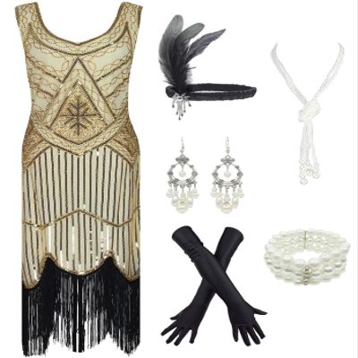 1920s Gatsby Sequin Fringed Paisley Flapper Dress with 20s Accessories Set (M, Beige-Black)