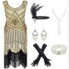 1920s Gatsby Sequin Fringed Paisley Flapper Dress with 20s Accessories Set (M, Beige-Black)