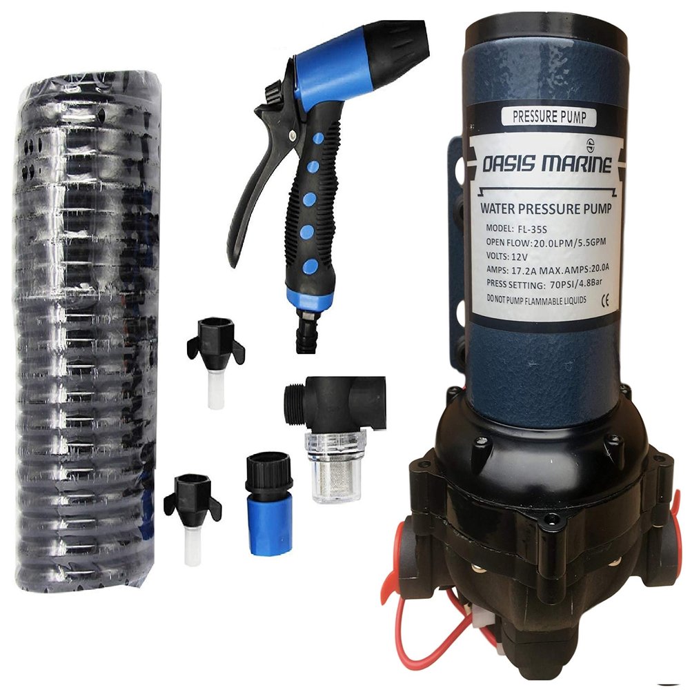 OASIS MARINE 12V Washdown Deck Wash Pump Kit  5.5 GPM 70 PSI Self-Priming Diaphragm Pump with Hose & Trigger Nozzle for Boat, RV, Caravan, Yacht & Marine Cleaning
