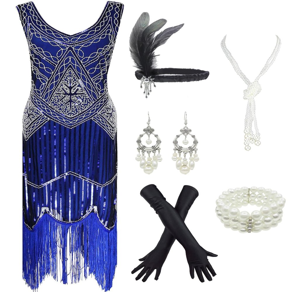 esrtyeryh Women Costume 1920s Gatsby Sequin Fringed Paisley Flapper Dress with 20s Accessories Set (2XL, Blue)