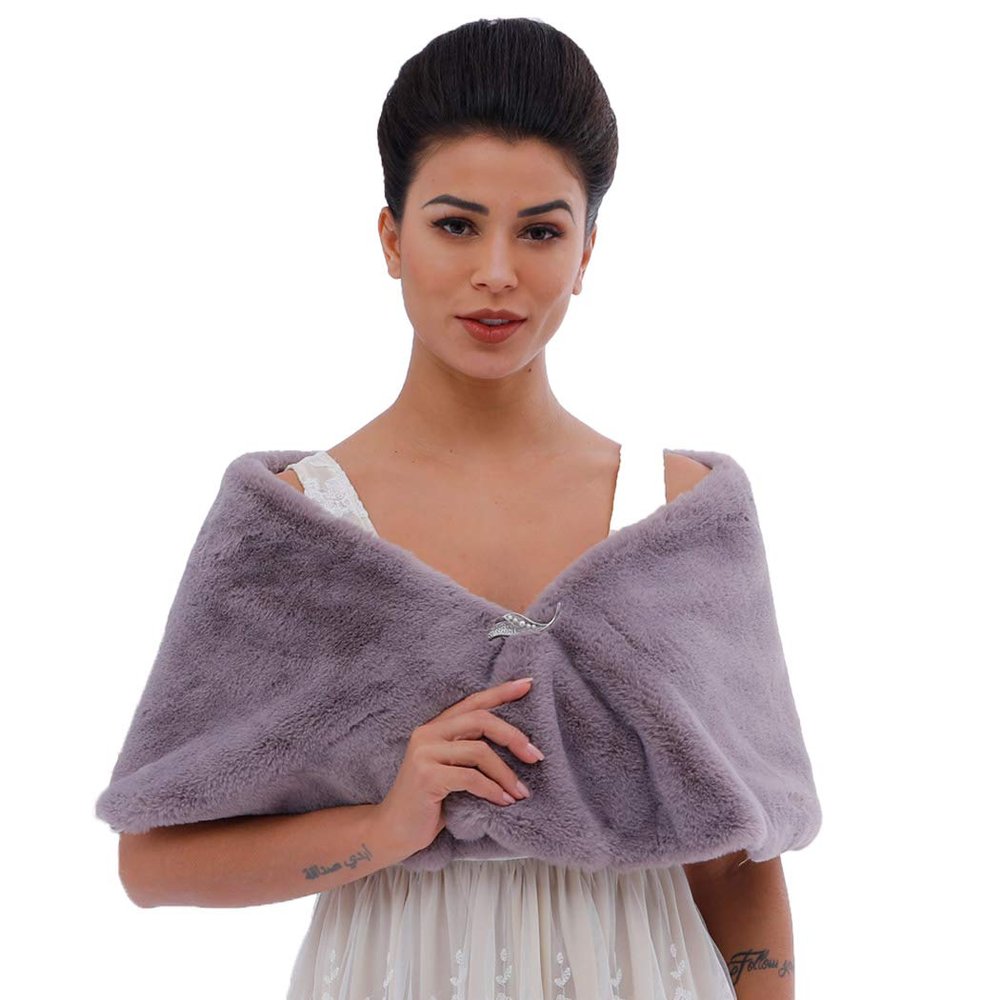 Fdesigner Leiothrix Women's Short 1920 Faux Fur Shawl Bridal Wedding Fur Wraps and Shawls Faux Mink Shawl for Women and Girls (Grey)