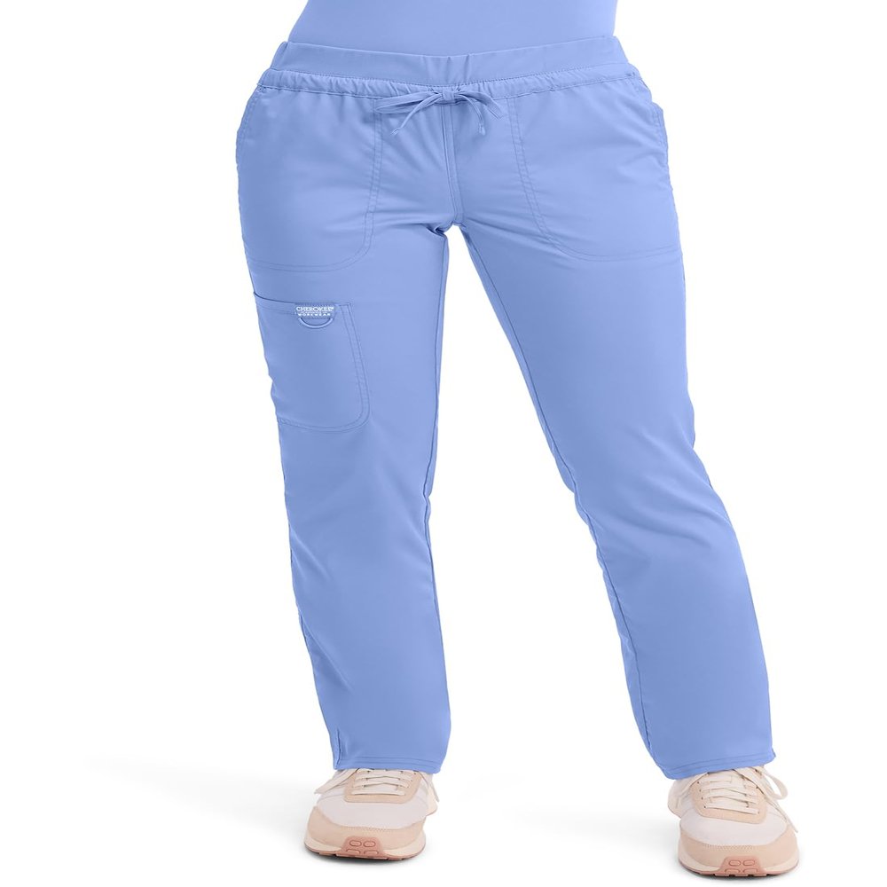 Cherokee Scrubs for Women Mid Rise Tapered Leg Drawstring Pant with 5 Pockets, Cargo Bottom with 2 Way Stretch Fabric - WW105P, L Petite, Ciel Blue