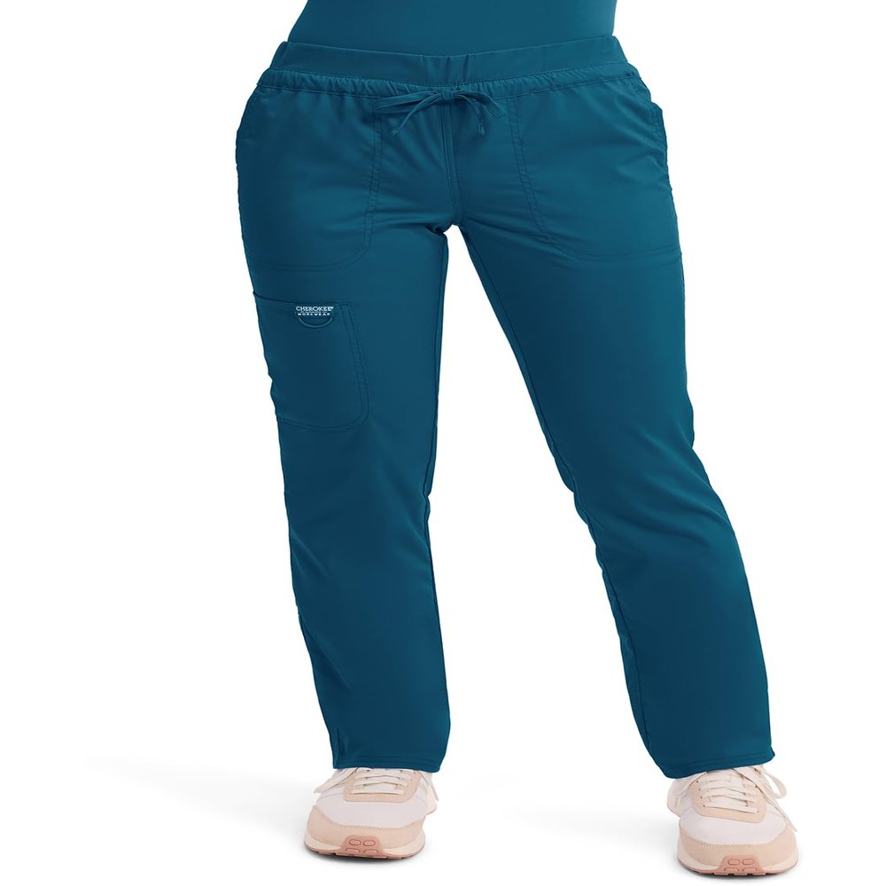 Cherokee Scrubs for Women Mid Rise Tapered Leg Drawstring Pant with 5 Pockets, Cargo Bottom with 2 Way Stretch Fabric - WW105P, XL Petite, Caribbean Blue