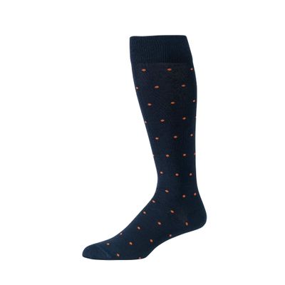 BoardroomSocks Men's Over the Calf Merino Wool Dark Navy with Orange Dots Patterned Dress Socks