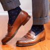 BoardroomSocks Men's Over the Calf Merino Wool Dark Navy with Orange Dots Patterned Dress Socks view 3