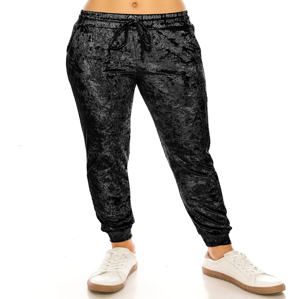 ALWAYS Women Velvet Jogger Pants - Crushed Velour Solid Basic Premium Soft Stretch Warm Winter Sweatpants Joggers Black Medium