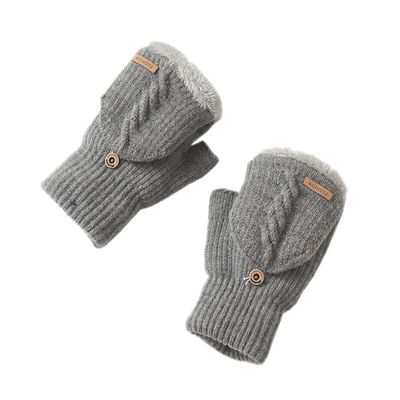 BIKMAN Men's Wool Knitted Fingerless Gloves Convertible Mitten with Lining (Light grey)