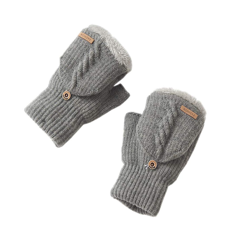 BIKMAN Men's Wool Knitted Fingerless Gloves Convertible Mitten with Lining (Light grey)
