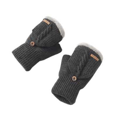 BIKMAN Men's Wool Knitted Fingerless Gloves Convertible Mitten with Lining (Dark grey)