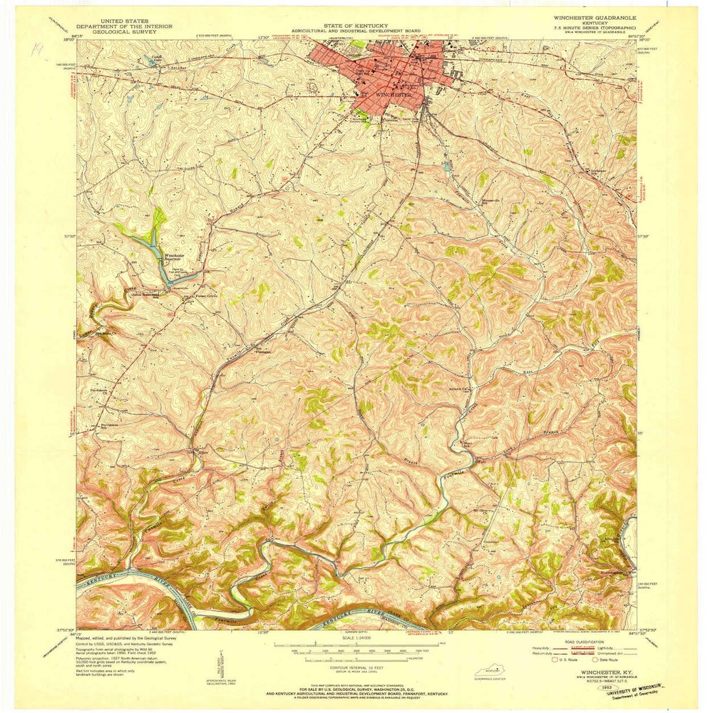 YellowMaps Winchester KY topo map, 1:24000 Scale, 7.5 X 7.5 Minute, Historical, 1952, Updated 1954, 27.4 x 22.9 in - Polypropylene