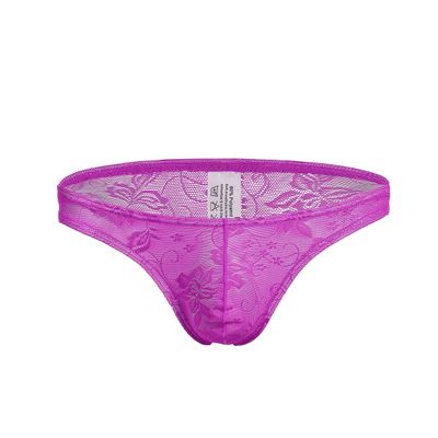 Men's Sexy Lace Thong Briefs Underwear Low Rise See Through PU0105 (Purple Briefs, M)