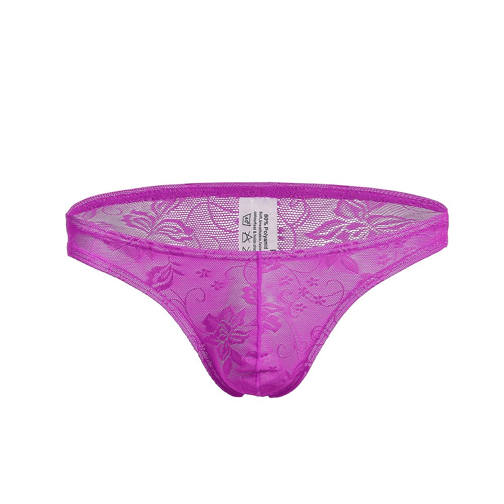 Men's Sexy Lace Thong Briefs Underwear Low Rise See Through PU0105 (Purple Briefs, M)