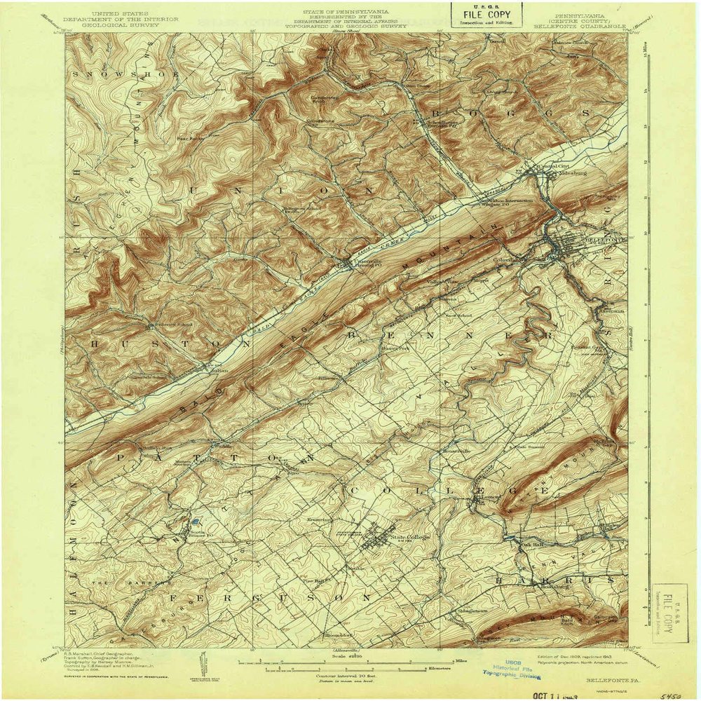 Bellefonte PA topo map, 1:62500 Scale, 15 X 15 Minute, Historical, 1909, Updated 1943, 19.9 x 16.5 in - Polypropylene