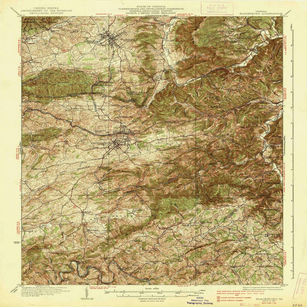 YellowMaps Blacksburg VA topo map, 1:62500 Scale, 15 X 15 Minute, Historical, 1937, 20 x 16.5 in - Polypropylene