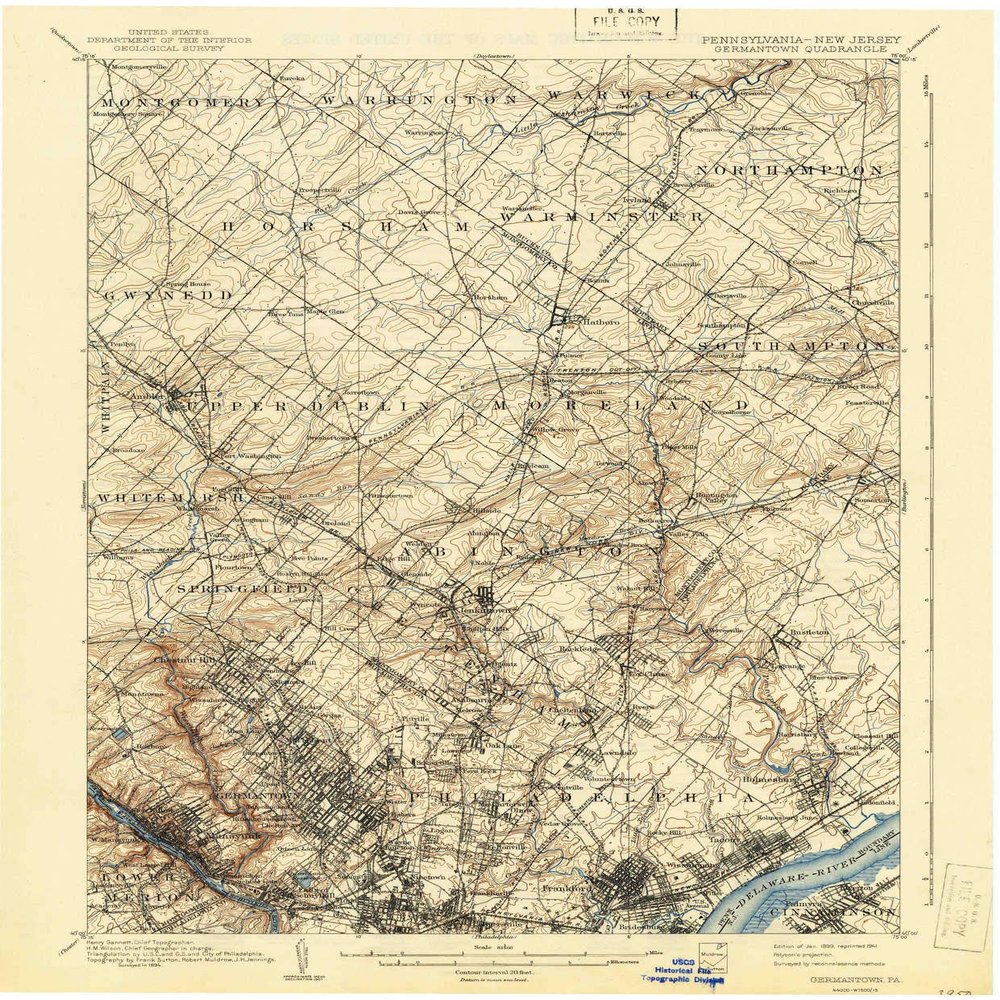 YellowMaps Germantown PA topo map, 1:62500 Scale, 15 X 15 Minute, Historical, 1899, Updated 1941, 19.9 x 16.5 in - Polypropylene