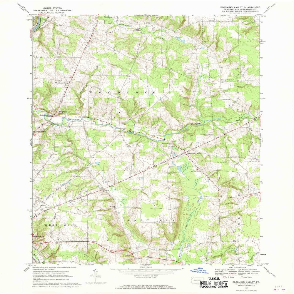 YellowMaps Blooming Valley PA topo map, 1:24000 Scale, 7.5 X 7.5 Minute, Historical, 1967, Updated 1970, 26.9 x 22.1 in - Polypropylene