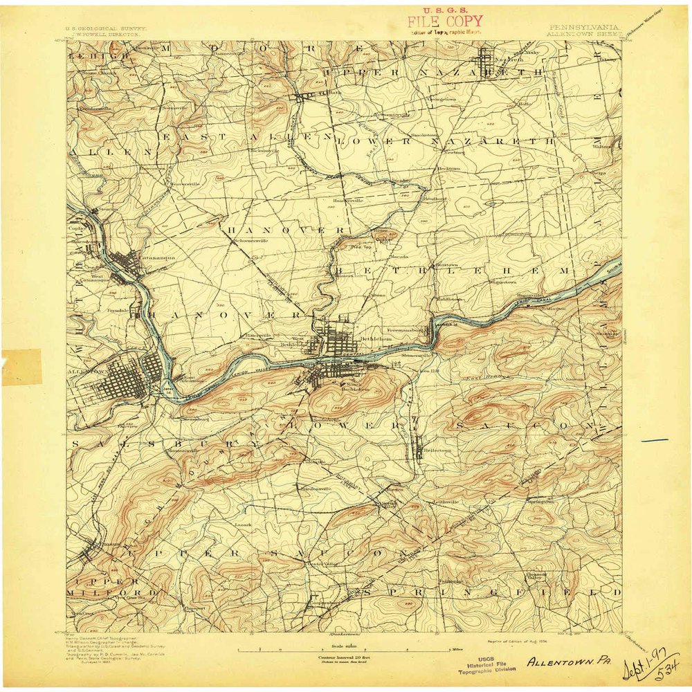 YellowMaps Allentown PA topo map, 1:62500 Scale, 15 X 15 Minute, Historical, 1894, Updated 1897, 20.4 x 16.5 in - Polypropylene