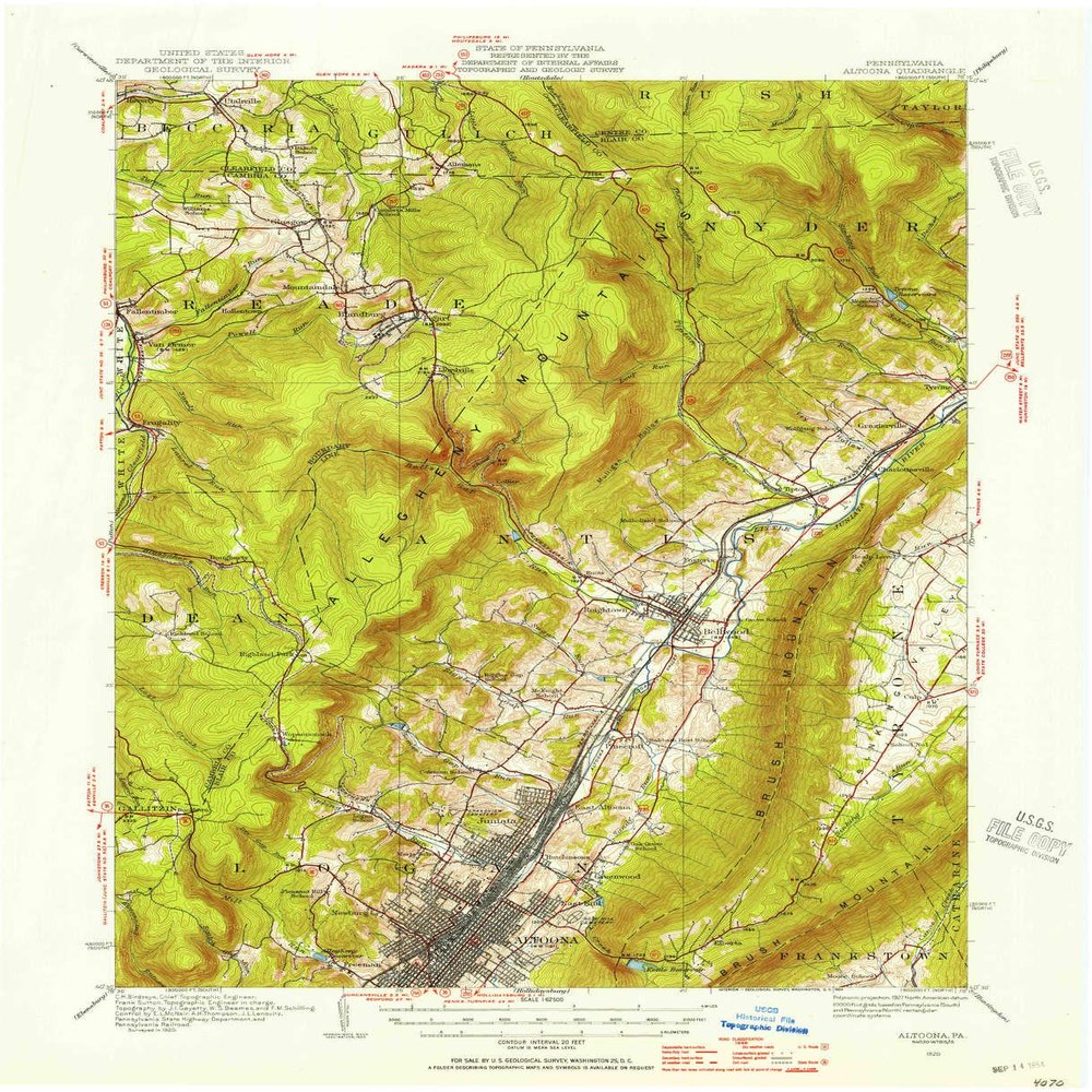 YellowMaps Altoona PA topo map, 1:62500 Scale, 15 X 15 Minute, Historical, 1920, Updated 1954, 21 x 17 in - Tyvek