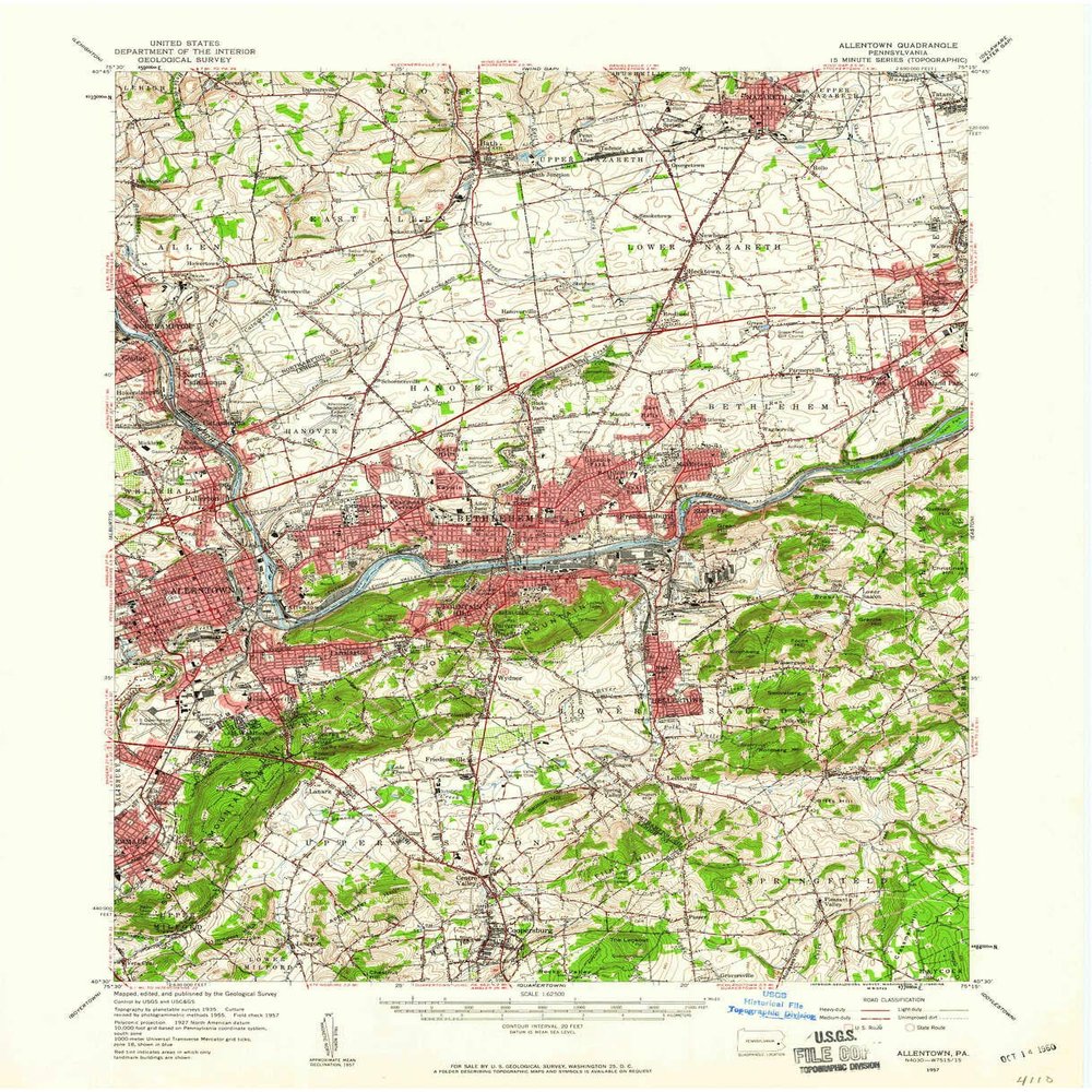 YellowMaps Allentown PA topo map, 1:62500 Scale, 15 X 15 Minute, Historical, 1957, Updated 1960, 21 x 17.1 in - Tyvek