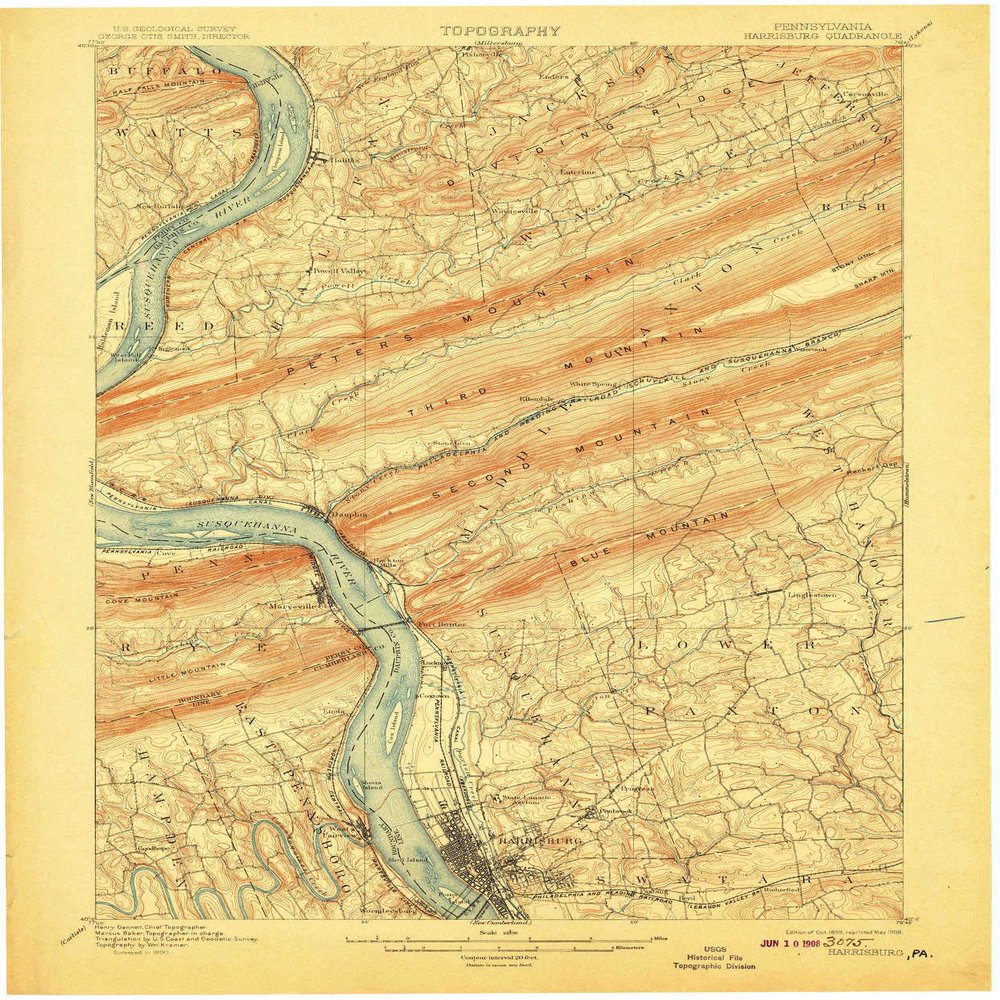 YellowMaps Harrisburg PA topo map, 1:62500 Scale, 15 X 15 Minute, Historical, 1899, Updated 1908, 19.9 x 16.5 in - Polypropylene