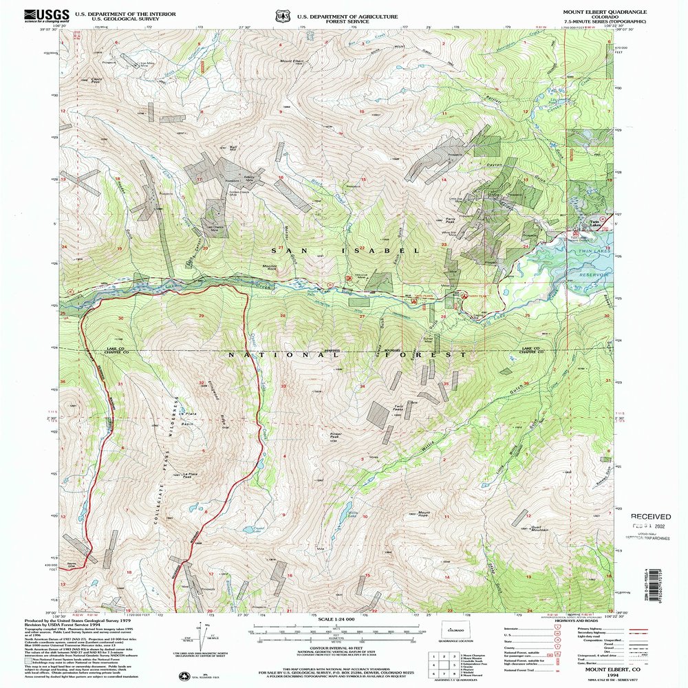 YellowMaps Mount Elbert CO topo map, 1:24000 Scale, 7.5 X 7.5 Minute, Historical, 1994, Updated 2001, 26.7 x 21.9 in - Polypropylene