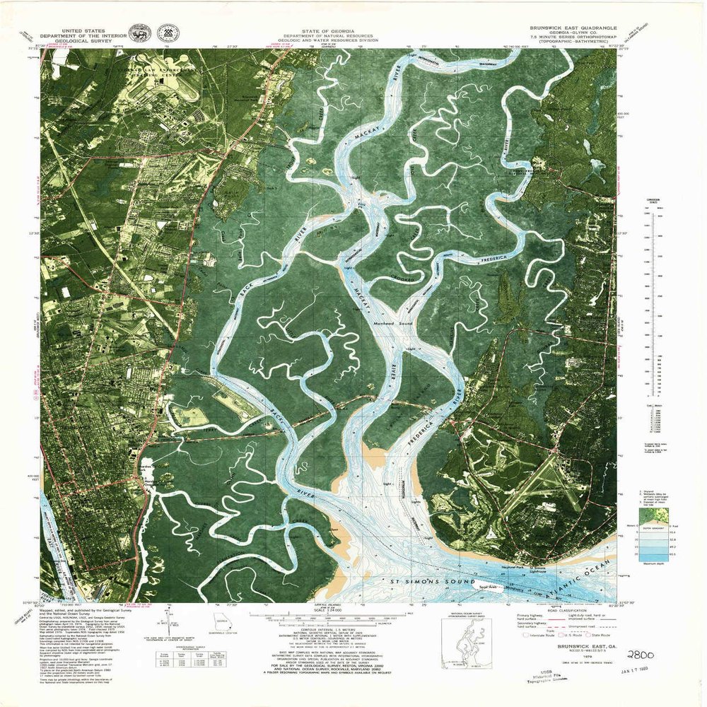 YellowMaps Brunswick East GA topo map, 1:24000 Scale, 7.5 X 7.5 Minute, Historical, 1979, Updated 1980, 29 x 24 in - Tyvek