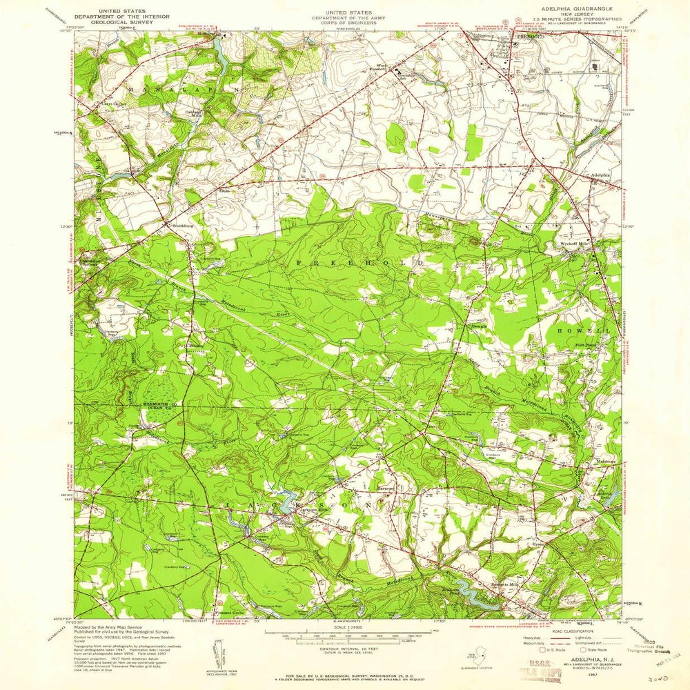 YellowMaps Adelphia NJ topo map, 1:24000 Scale, 7.5 X 7.5 Minute, Historical, 1957, Updated 1961, 26.7 x 22 in - Tyvek