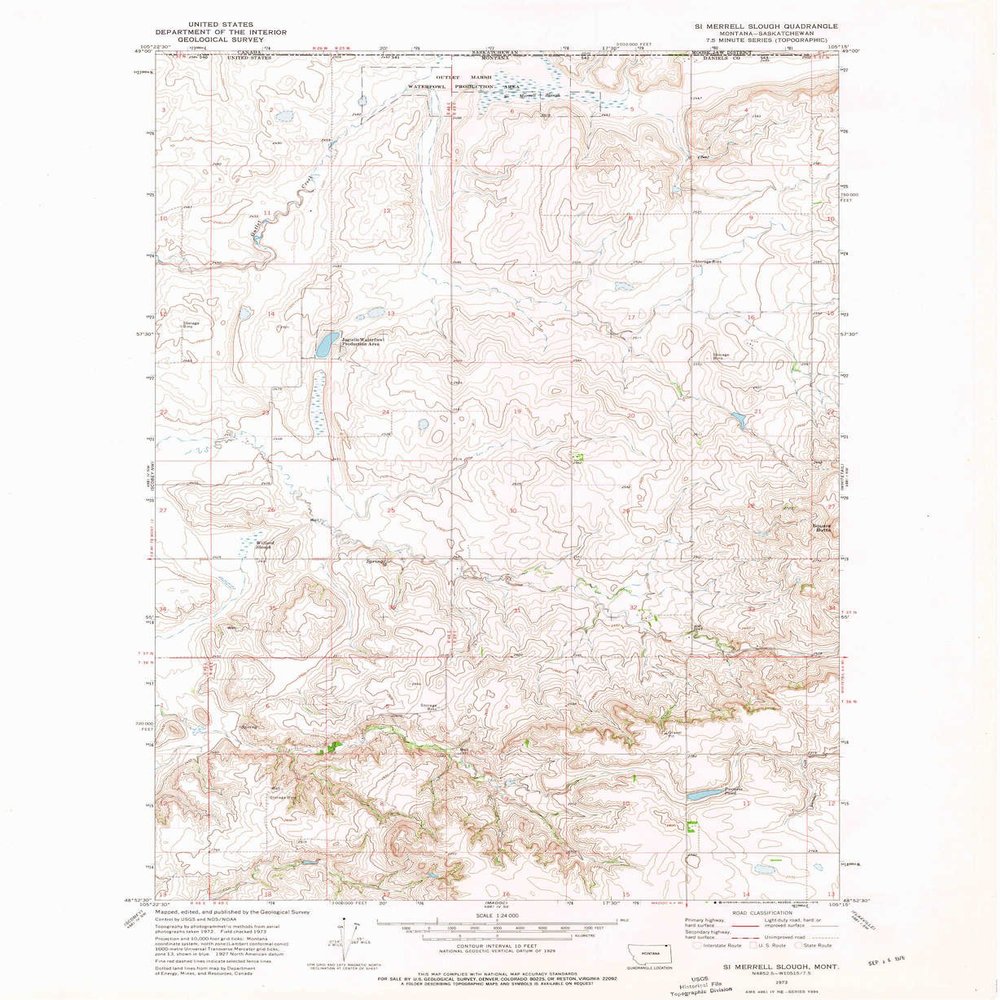 YellowMaps Si Merrell Slough MT topo map, 1:24000 Scale, 7.5 X 7.5 Minute, Historical, 1973, Updated 1976, 27.1 x 22.2 in - Polypropylene