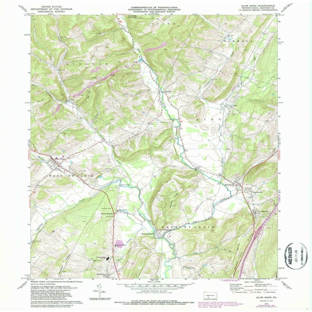 YellowMaps Alum Bank PA topo map, 1:24000 Scale, 7.5 X 7.5 Minute, Historical, 1971, Updated 1987, 26.9 x 22.1 in - Polypropylene