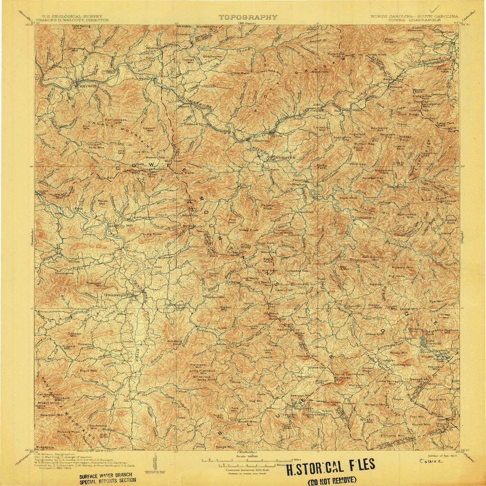 YellowMaps Cowee NC topo map, 1:125000 Scale, 30 X 30 Minute, Historical, 1907, 20 x 16.4 in - Tyvek