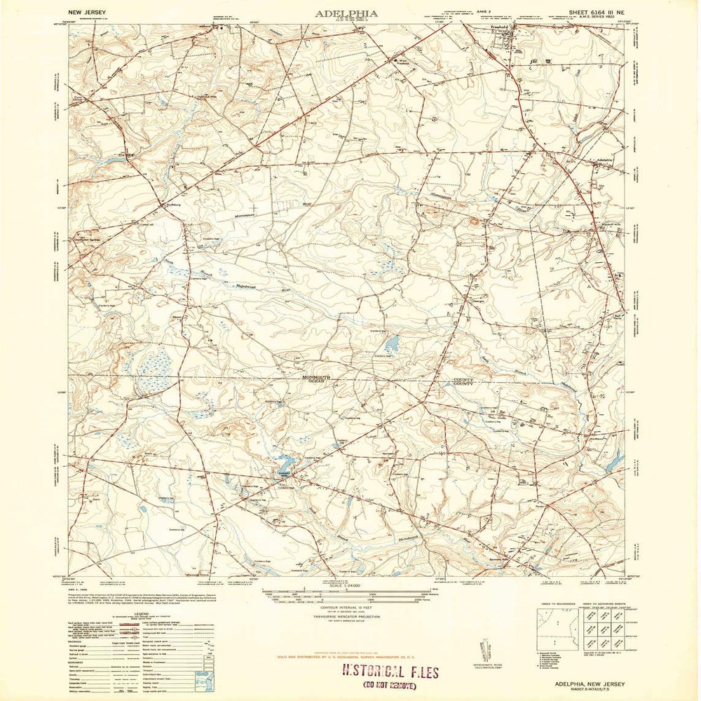 YellowMaps Adelphia NJ topo map, 1:24000 Scale, 7.5 X 7.5 Minute, Historical, 1947, 28.9 x 22 in - Tyvek