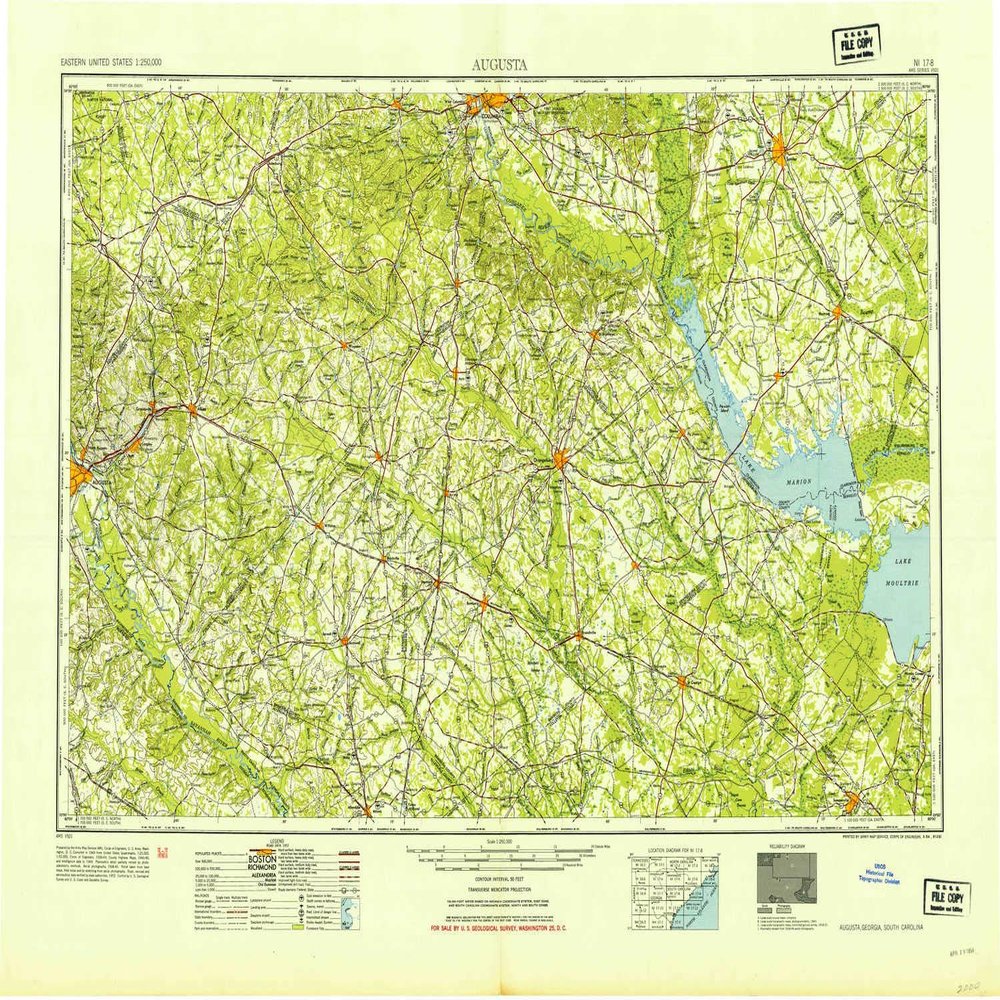 YellowMaps Augusta GA topo map, 1:250000 Scale, 1 X 2 Degree, Historical, 1954, Updated 1954, 24.1 x 34.1 in - Polypropylene
