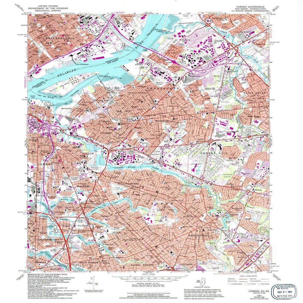 YellowMaps Camden NJ topo map, 1:24000 Scale, 7.5 X 7.5 Minute, Historical, 1967, Updated 1994, 26.9 x 22 in - Polypropylene