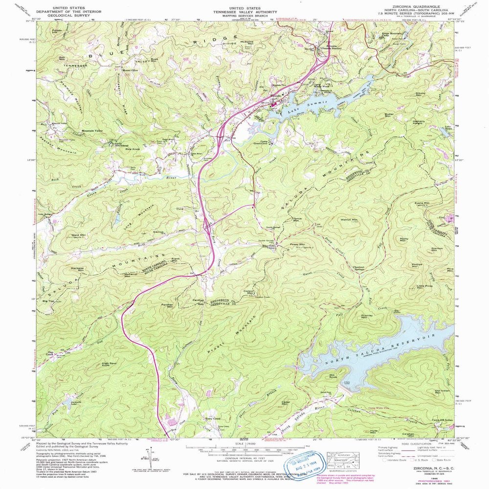 YellowMaps Zirconia NC topo map, 1:24000 Scale, 7.5 X 7.5 Minute, Historical, 1946, Updated 1991, 26.7 x 21.9 in - Polypropylene