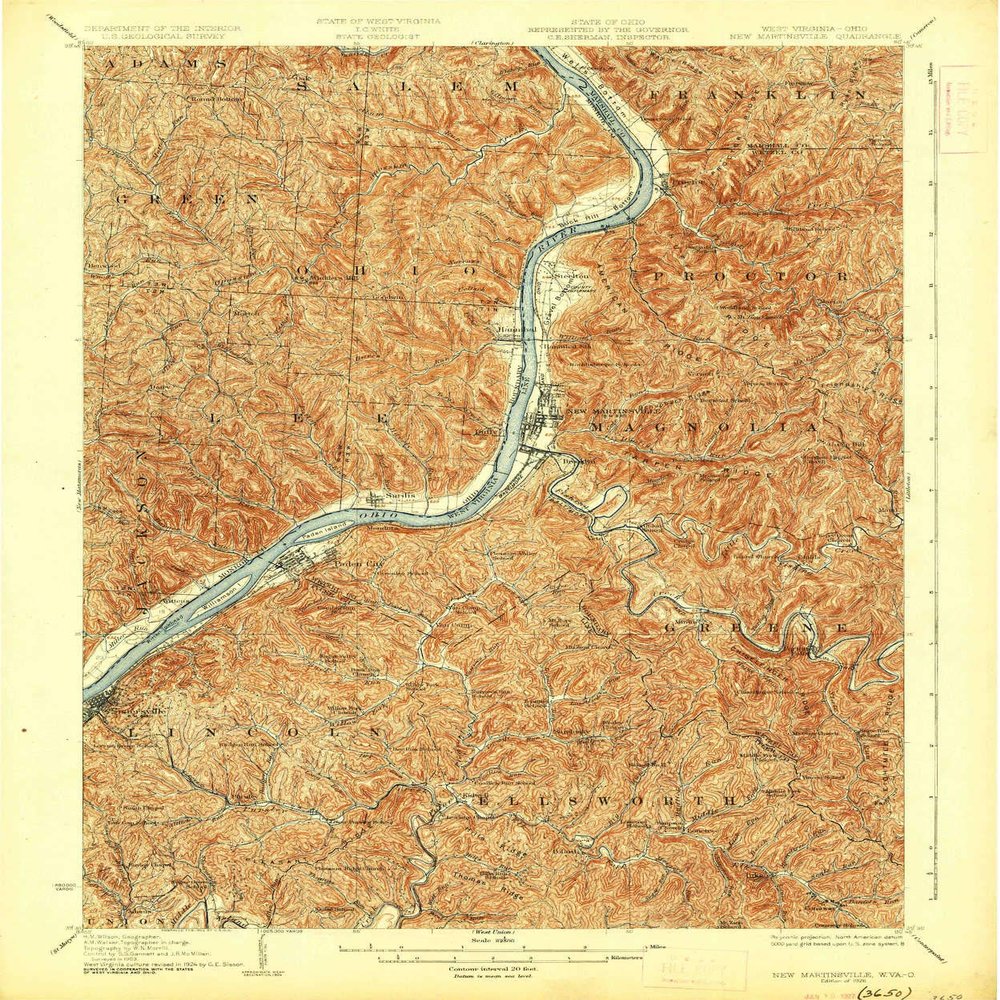 YellowMaps New Martinsville WV topo map, 1:62500 Scale, 15 X 15 Minute, Historical, 1926, 19.8 x 16.5 in - Tyvek