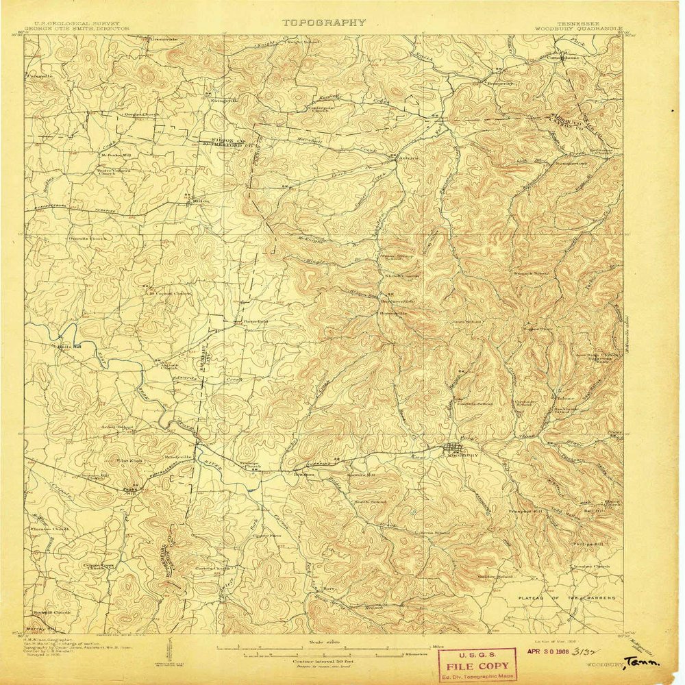 YellowMaps Woodbury TN topo map, 1:62500 Scale, 15 X 15 Minute, Historical, 1908, 20 x 16.3 in - Tyvek
