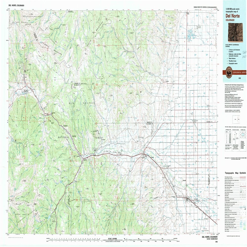 Del Norte CO topo map, 1:100000 Scale, 30 X 60 Minute, Historical, 1982, Updated 1983, 24.2 x 41.1 in - Polypropylene
