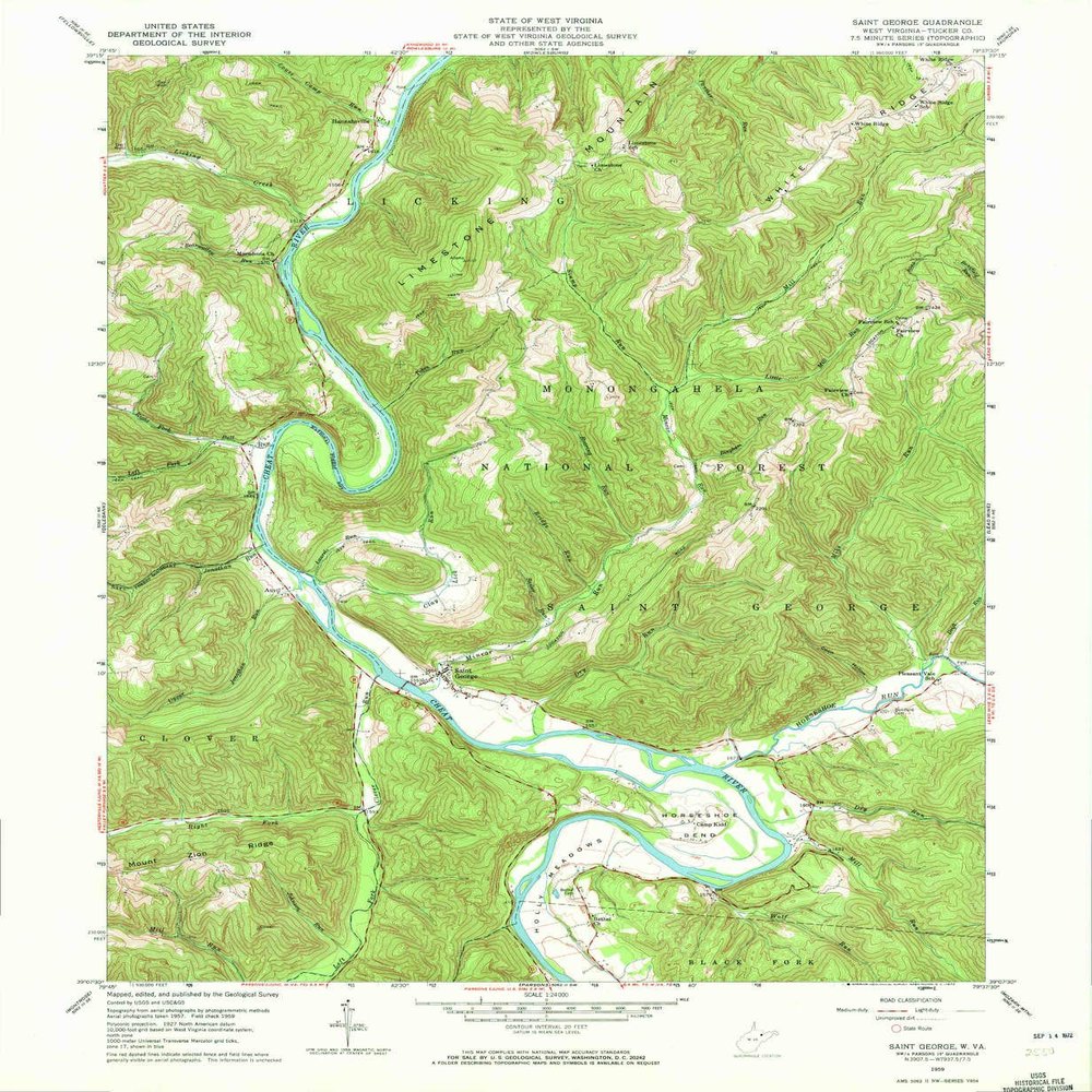 YellowMaps Saint George WV topo map, 1:24000 Scale, 7.5 X 7.5 Minute, Historical, 1959, Updated 1972, 26.8 x 22 in - Polypropylene