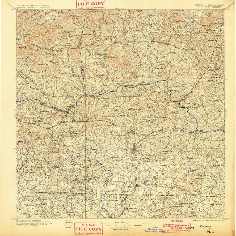 YellowMaps Hickory NC topo map, 1:125000 Scale, 30 X 30 Minute, Historical, 1895, Updated 1901, 19.8 x 16.1 in - Polypropylene