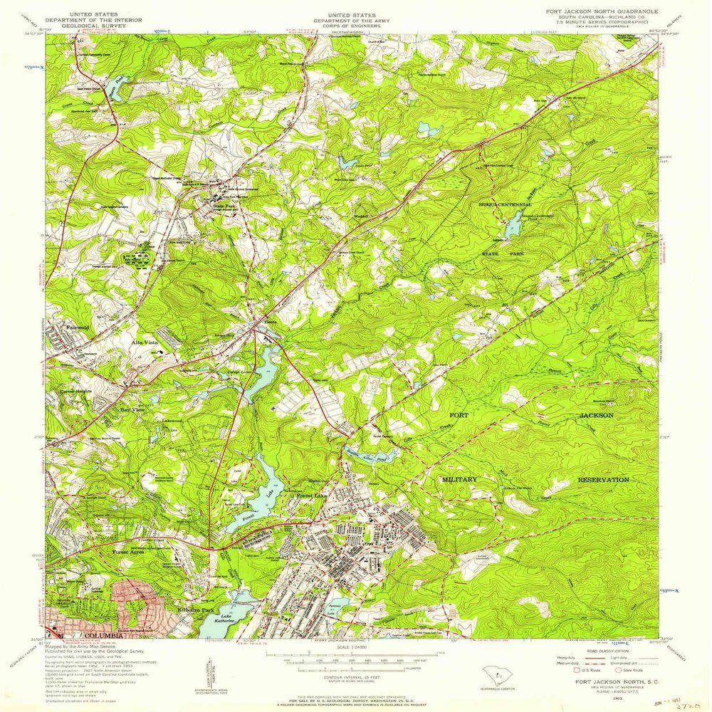 YellowMaps Fort Jackson North SC topo map, 1:24000 Scale, 7.5 X 7.5 Minute, Historical, 1953, Updated 1957, 26.8 x 22 in - Tyvek
