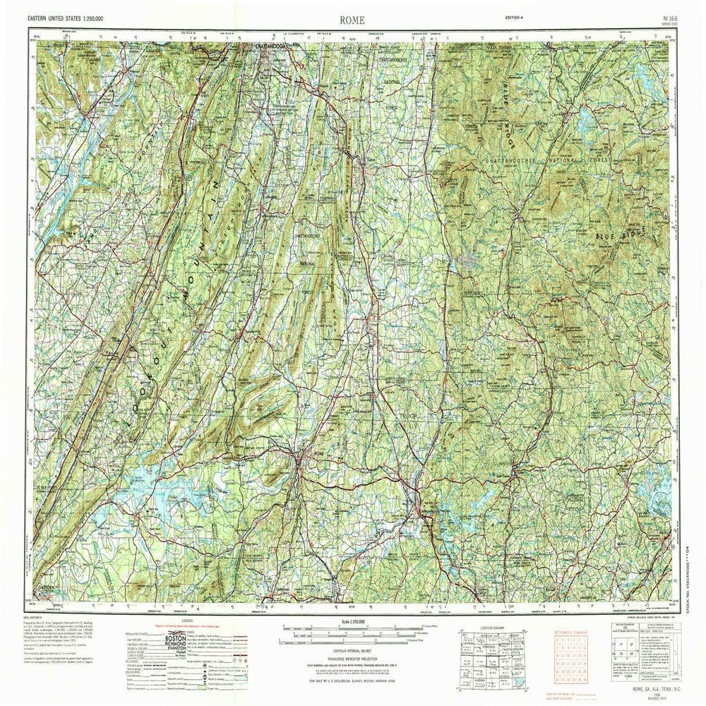 YellowMaps Rome GA topo map, 1:250000 Scale, 1 X 2 Degree, Historical, 1958, Updated 1974, 22 x 32.1 in - Polypropylene
