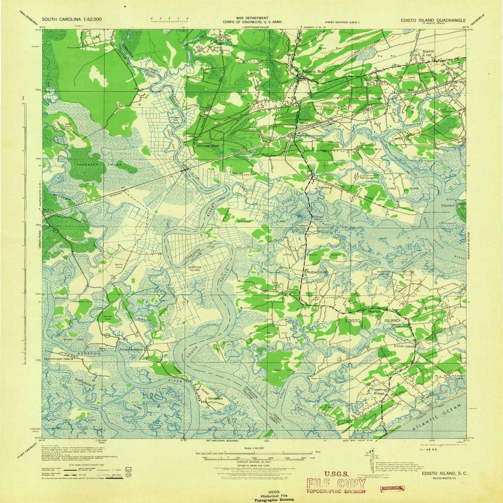 YellowMaps Edisto Island SC topo map, 1:62500 Scale, 15 X 15 Minute, Historical, 1943, 21.5 x 17.5 in - Polypropylene