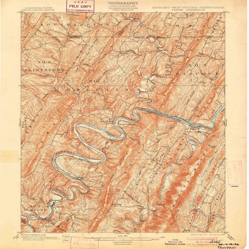 YellowMaps Pawpaw WV topo map, 1:62500 Scale, 15 X 15 Minute, Historical, 1900, Updated 1905, 19.8 x 16.5 in - Polypropylene