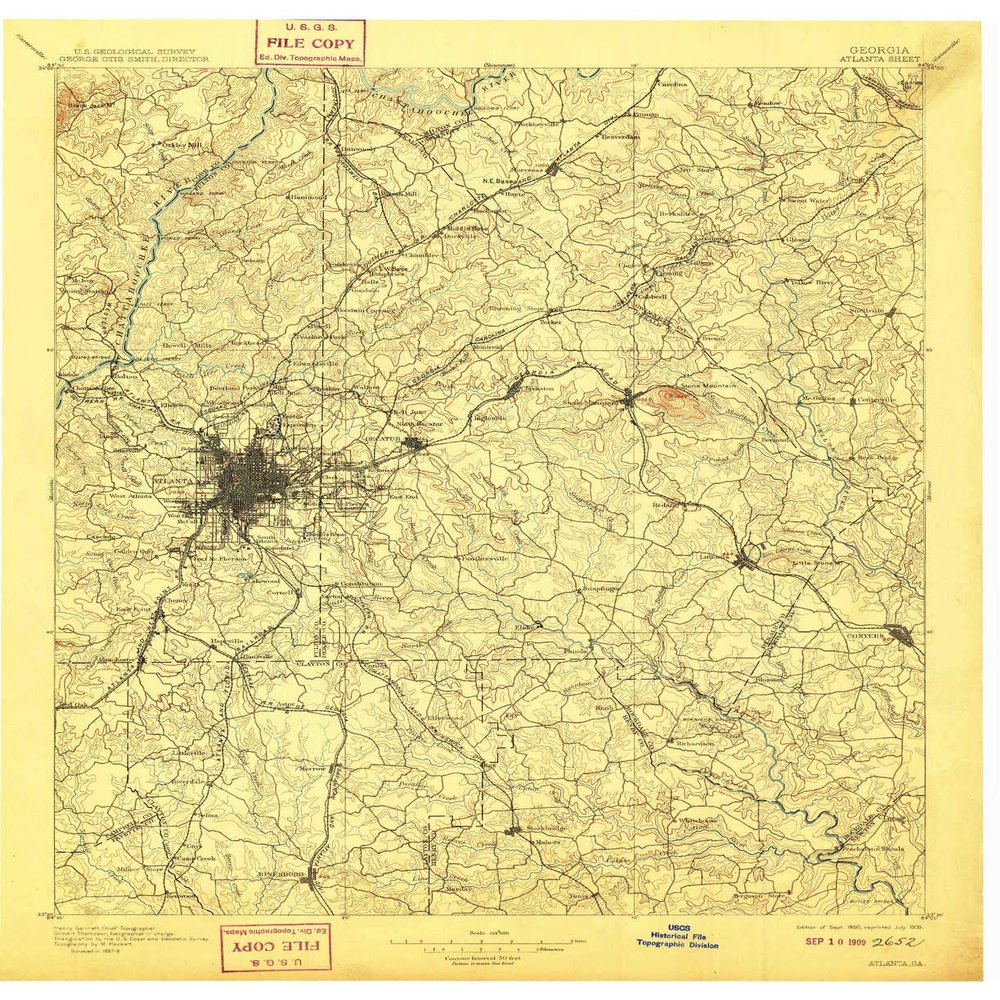 YellowMaps Atlanta GA topo map, 1:125000 Scale, 30 X 30 Minute, Historical, 1895, Updated 1909, 20.6 x 16.8 in - Tyvek