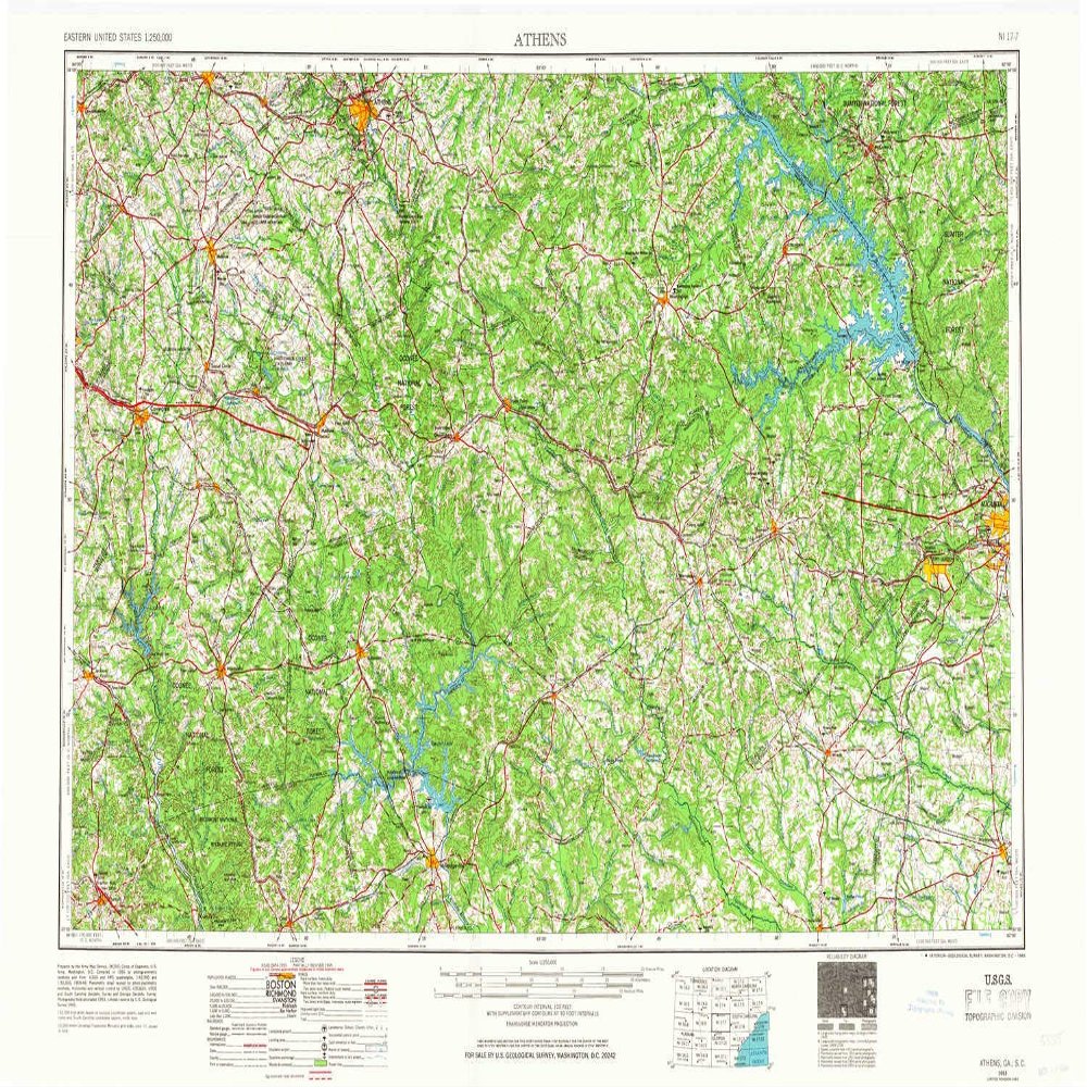 YellowMaps Athens GA topo map, 1:250000 Scale, 1 X 2 Degree, Historical, 1953, Updated 1966, 22.1 x 34 in - Polypropylene