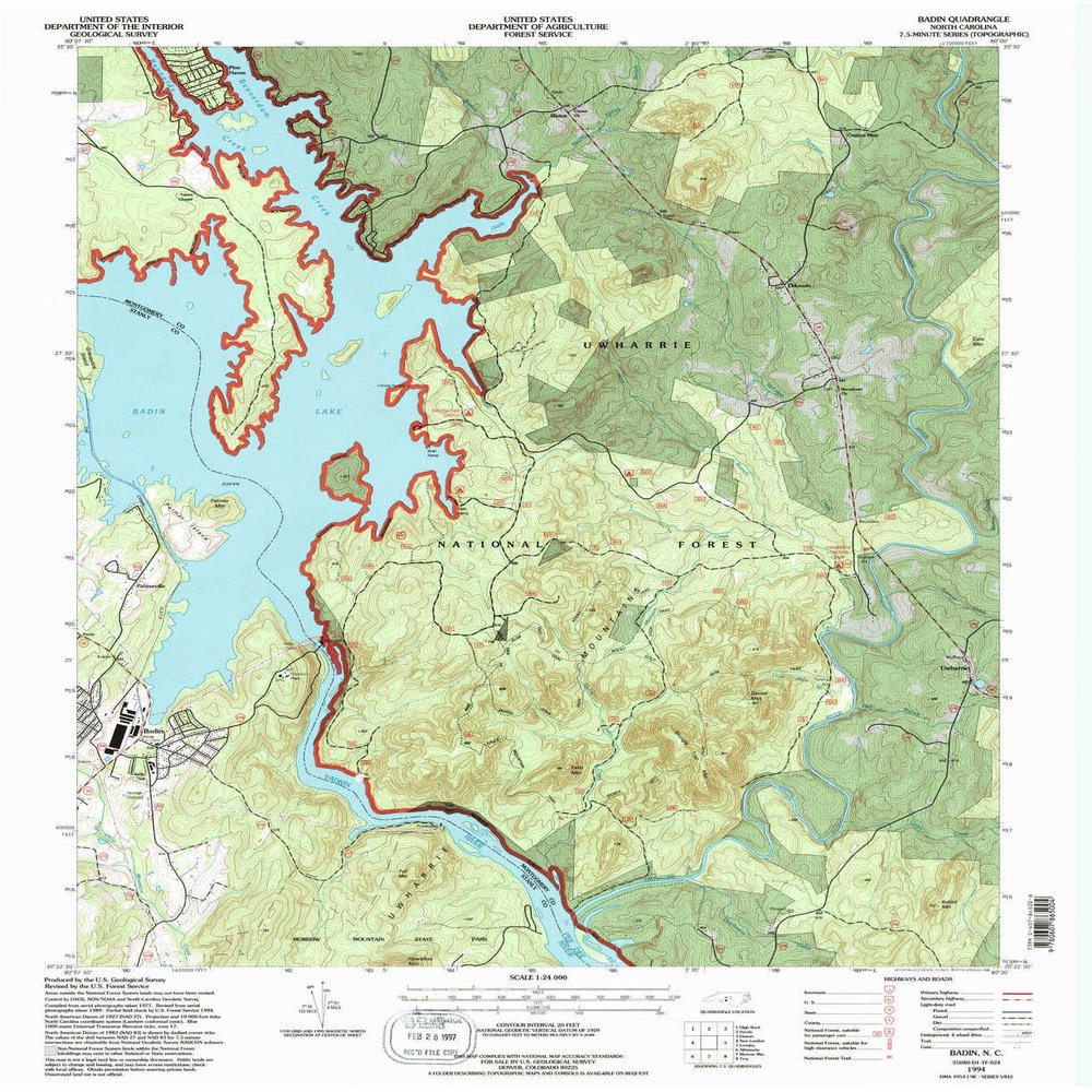 YellowMaps Badin NC topo map, 1:24000 Scale, 7.5 X 7.5 Minute, Historical, 1994, Updated 1996, 26.9 x 22 in - Tyvek