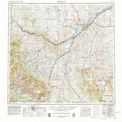 YellowMaps Billings MT topo map, 1:250000 Scale, 1 X 2 Degree, Historical, 1954, Updated 1980, 22.1 x 29.1 in - Polypropylene