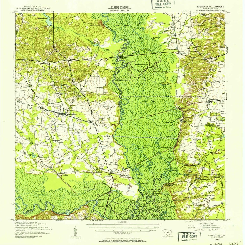 YellowMaps Eastover SC topo map, 1:62500 Scale, 15 X 15 Minute, Historical, 1943, Updated 1953, 20.7 x 17 in - Polypropylene